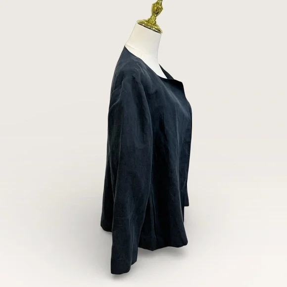 Eileen Fisher Large Linen Silk Satin Round Neck Open Jacket Deep Adriatic Blue - Picture 5 of 16